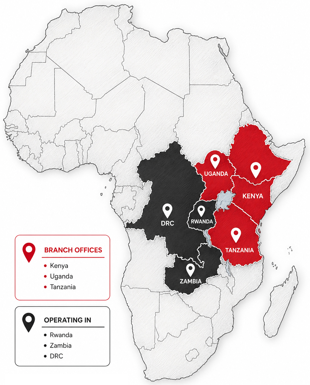 Map of AEA Limited branch offices in Kenya, Uganda and Tanzania, and operations in Rwanda, Zambia and DRC